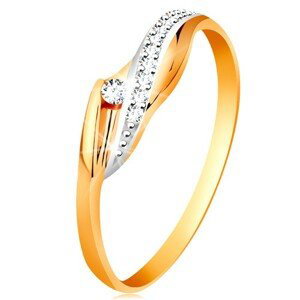 Zlatý 14K prsten - lesklá zvlněná ramena, třpytivá čirá vlnka a zirkon - Velikost: 58