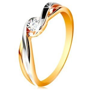 Zlatý prsten 585 - dvoubarevná, rozdělená a zvlněná ramena, čirý zirkon - Velikost: 60