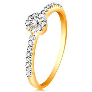 Prsten ve 14K zlatě - zářivý kvítek z čirých zirkonů, zdobená ramena - Velikost: 59