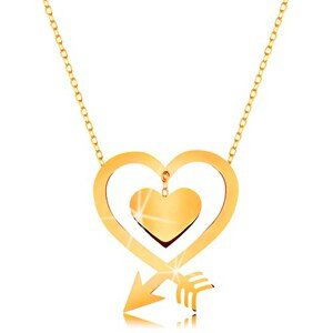 Náhrdelník ve žlutém 9K zlatě - tenký řetízek, kontura srdce ze šípu, srdíčko
