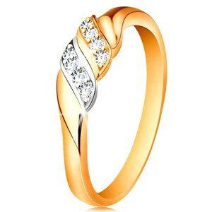 Zlatý prsten 585 - dvě vlnky z bílého a žlutého zlata, třpytivé čiré zirkony - Velikost: 60