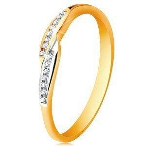 Prsten ve 14K zlatě, rozšířené dvoubarevné konce ramen se vsazenými zirkony - Velikost: 49