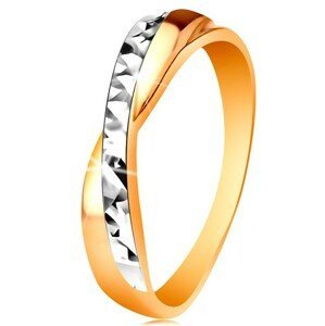 Prsten ve 14K zlatě - dvoubarevná překřížená ramena, drobné blýskavé rýhy - Velikost: 60