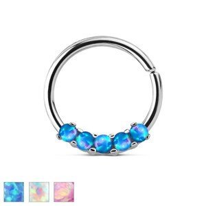 Ocelový piercing stříbrné barvy, lesklý kroužek se syntetickými opály - Barva piercing: Modrá