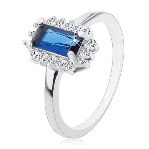 Rhodiovaný prsten, stříbro 925, obdélníkový modrý zirkon, čirý zirkonový lem - Velikost: 58