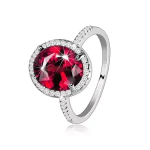 Stříbrný 925 prsten - oválný červený zirkon, čirá zirkonová obruba - Velikost: 53