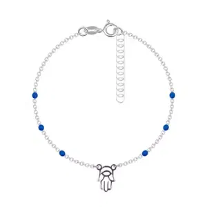 Stříbrný náramek 925 - Fatimina ruka, modré oválné korálky
