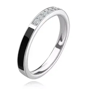 Prsten ze stříbra 925 - obruč s čirým zirkonem a černým páskem - Velikost: 49