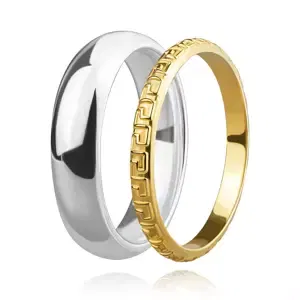 Dvoudílná sada stříbrných prstenů 925 - jednoduchý snubní prsten, řecký klíč, dvě barvy - Velikost: 49