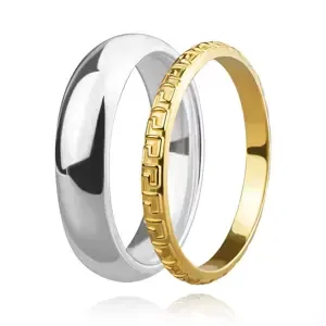 Dvoudílná sada stříbrných prstenů 925 - jednoduchý snubní prsten, řecký klíč, dvě barvy - Velikost: 54