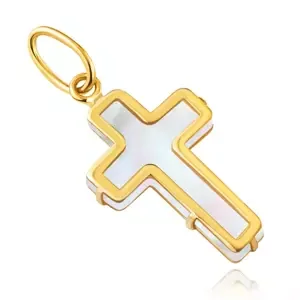 Přívěsek ze 14karátového žlutého zlata - Latinský kříž s bílou perletí