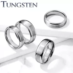 Wolframový prsten stříbrné barvy, broušený středový pásek, hladký okraj, 6 mm - Velikost: 54