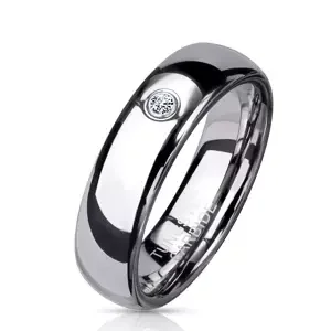 Wolframový prsten, stříbrná barva, vypouklá ramena, kulatý zirkon, 6 mm - Velikost: 54