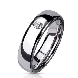 Wolframový prsten, stříbrná barva, vypouklá ramena, kulatý zirkon, 6 mm - Velikost: 69