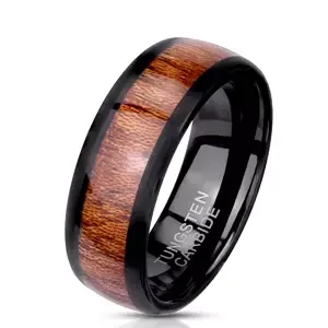 Wolframový prsten v černé barvě, dřevěný pásek uprostřed, 8 mm - Velikost: 59