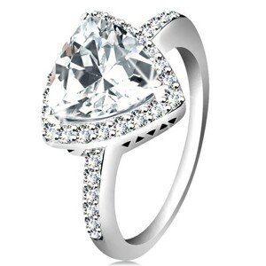Stříbrný prsten 925, čirý trojúhelníkový zirkon, blýskavý lem, výřezy - Velikost: 54