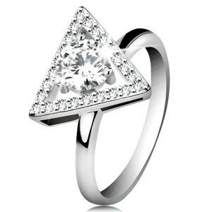 Stříbrný 925 prsten - zirkonový obrys trojúhelníku, kulatý čirý zirkon uprostřed - Velikost: 59