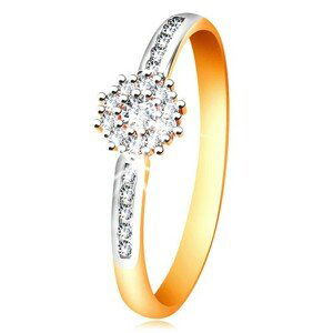 Prsten z kombinovaného 14K zlata - čirý blýskavý kvítek, zirkonová ramena - Velikost: 58
