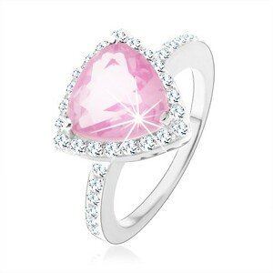 Stříbrný 925 prsten, trojúhelníkový růžový zirkon, blýskavý čirý lem - Velikost: 59