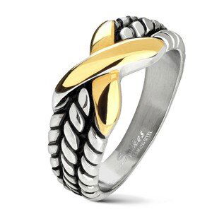 Ocelový prsten stříbrné barvy, zářezy na ramenech, X zlaté barvy - Velikost: 64