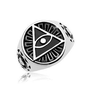 Prsten z oceli 316L, černý patinovaný kruh a trojúhelník s okem - Velikost: 66