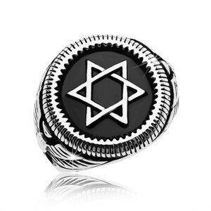 Mohutný prsten stříbrné barvy, ocel 316L, Davidova hvězda v černém kruhu - Velikost: 58