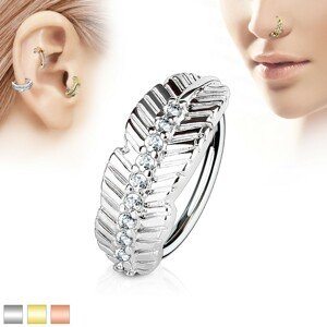 Piercingový kroužek z chirurgické oceli, úzký list s linií čirých zirkonů - Tloušťka x průměr: 0,8 mm x 8 mm, Barva piercing: Stříbrná