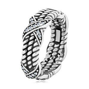 Patinovaný stříbrný prsten 925, motiv zatočeného lana, křížky se zirkony - Velikost: 50