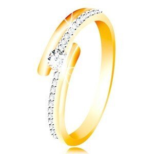 Zlatý prsten 585 - rozdvojená ramena, vystouplý kulatý zirkon čiré barvy - Velikost: 55