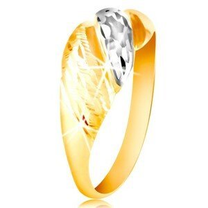 Zlatý prsten 585 - vypouklé pásy žlutého a bílého zlata, blýskavé rýhy - Velikost: 54