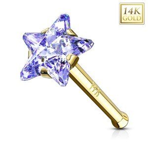 Rovný zlatý 585 piercing do nosu - zirkonová hvězda v modrofialovém odstínu