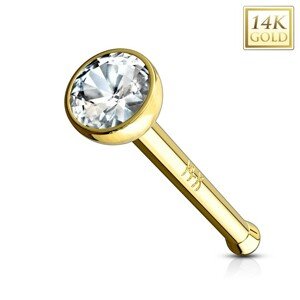 Piercing do nosu ze žlutého 14K zlata - rovný tvar, čirý zirkon v objímce - Tloušťka piercingu: 1 mm