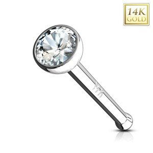 Piercing do nosu z bílého 14K zlata - rovný tvar, čirý zirkon v objímce, 2 mm - Tloušťka piercingu: 0,8 mm