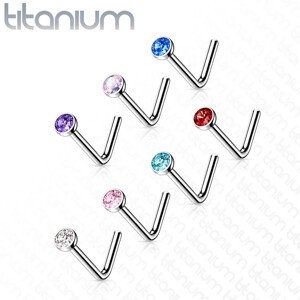 Zahnutý piercing do nosu z titanu - drobný kulatý zirkon v objímce, 0,8 mm - Barva zirkonu: Červená - R