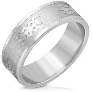 Ocelový prsten stříbrné barvy - matný pás, lesklé hrany, motiv, 8 mm - Velikost: 62