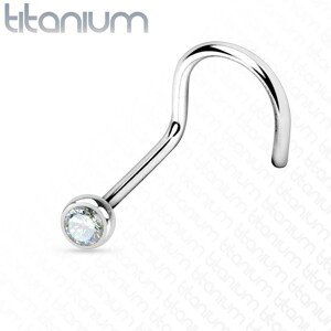 Titanový piercing do nosu stříbrné barvy, zahnutý konec - čirý zirkonek 1,5 mm, tloušťka 1 mm