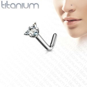 Zahnutý piercing do nosu z titanu - trojúhelníkový broušený zirkon čiré barvy - Tloušťka piercingu: 0,8 mm