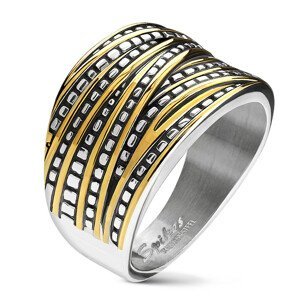 Ocelový prstýnek stříbrné barvy - asymetrické pásy ve stříbrno-zlatém odstínu, zužující se - Velikost: 67
