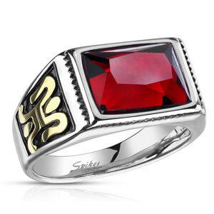 Ocelový prsten ve stříbrném provedení s červeným křišťálem - ornament na boku, černá glazura, 13 mm - Velikost: 55