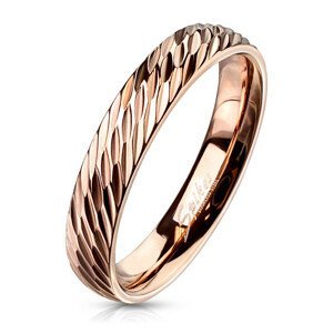 Ocelový prsten v měděném odstínu - hluboké diagonální zářezy, zrníčka, 4 mm - Velikost: 57