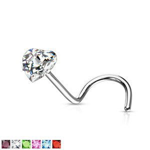 Piercing do nosu zahnutý se srdíčkem - Rozměr: 1 mm x 6 mm x 3 mm, Barva piercing: Čirá