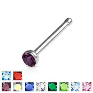 Rovný piercing do nosu z 316L oceli - barevný krystal v objímce, 1 mm - Barva zirkonu: Modrá - B