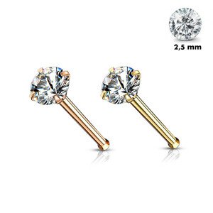 Rovný piercing do nosu z 316L oceli - kulatý čirý zirkon, PVD, 0,8 mm, průměr 2,5 mm - Barva: Zlatá