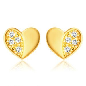 Diamantové náušnice ze žlutého 585 zlata - srdíčko s lesklou a briliantovou polovinou