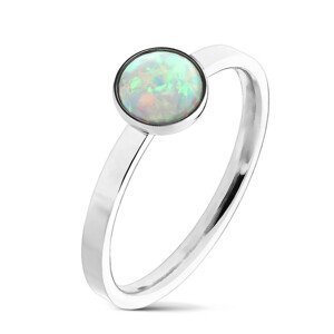 Ocelový prsten stříbrné barvy, syntetický opál s duhovými odlesky, úzká ramena - Velikost: 49