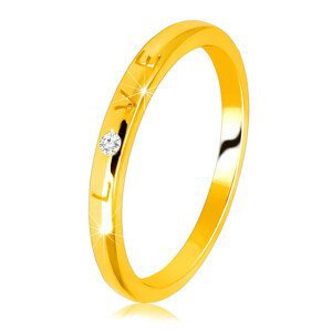Obroučka ve žlutém 9K zlatě - nápis "LOVE" se zirkonem, hladký povrch, 1,5 mm  - Velikost: 54
