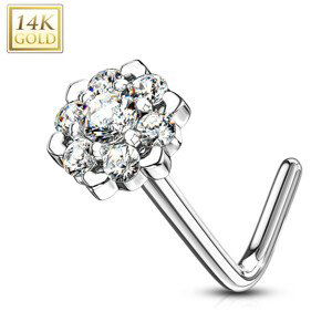 Piercing do nosu z bílého 14K zlata - zirkonová linie, zahnutý konec