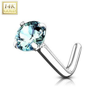 Piercing do nosu z bílého 14K zlata - zahnutý, světle modrý broušený zirkon, kotlík, 0,8 mm