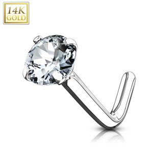 Piercing do nosu z bílého 14K zlata - zahnutý, kulatý čirý zirkon, průměr 3 mm