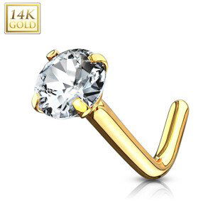 Zlatý 14K zahnutý piercing do nosu - broušený čirý zirkon, 0,8 mm, průměr 3 mm